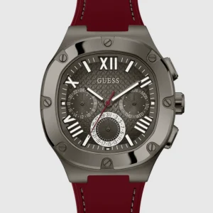 Montre Guess Multifonction Bordeaux et Gris Anthracite homme – vue de face, cadran gris – Maroc