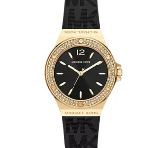 Montre Michael Kors Mini Lennox à trois aiguilles en silicone noir femme – vue de face, cadran noir, bracelet silicone – Maroc