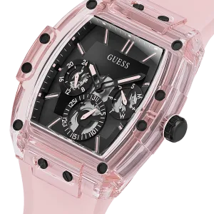 Montre Guess Sporting, cadran noir avec bracelet en silicone rose