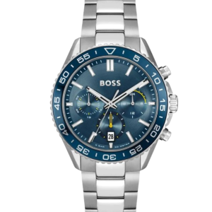 Montre chronographe avec cadran bleu et bracelet à maillons