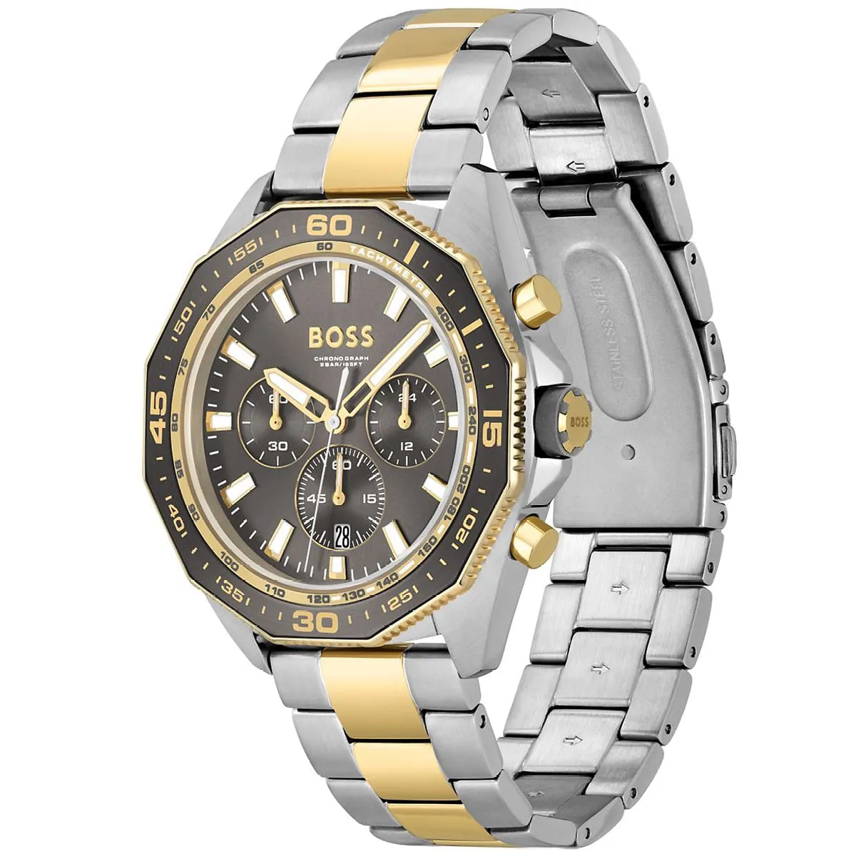 1513974-hugo-boss-watch-chronograph-5bar-165ft-men-gray-dial-metal-stainless-silver-gold-strap-quartz-battery-analog-energy_2 Montre Hugo Boss Homme 1513974 – Élégance Bicolore