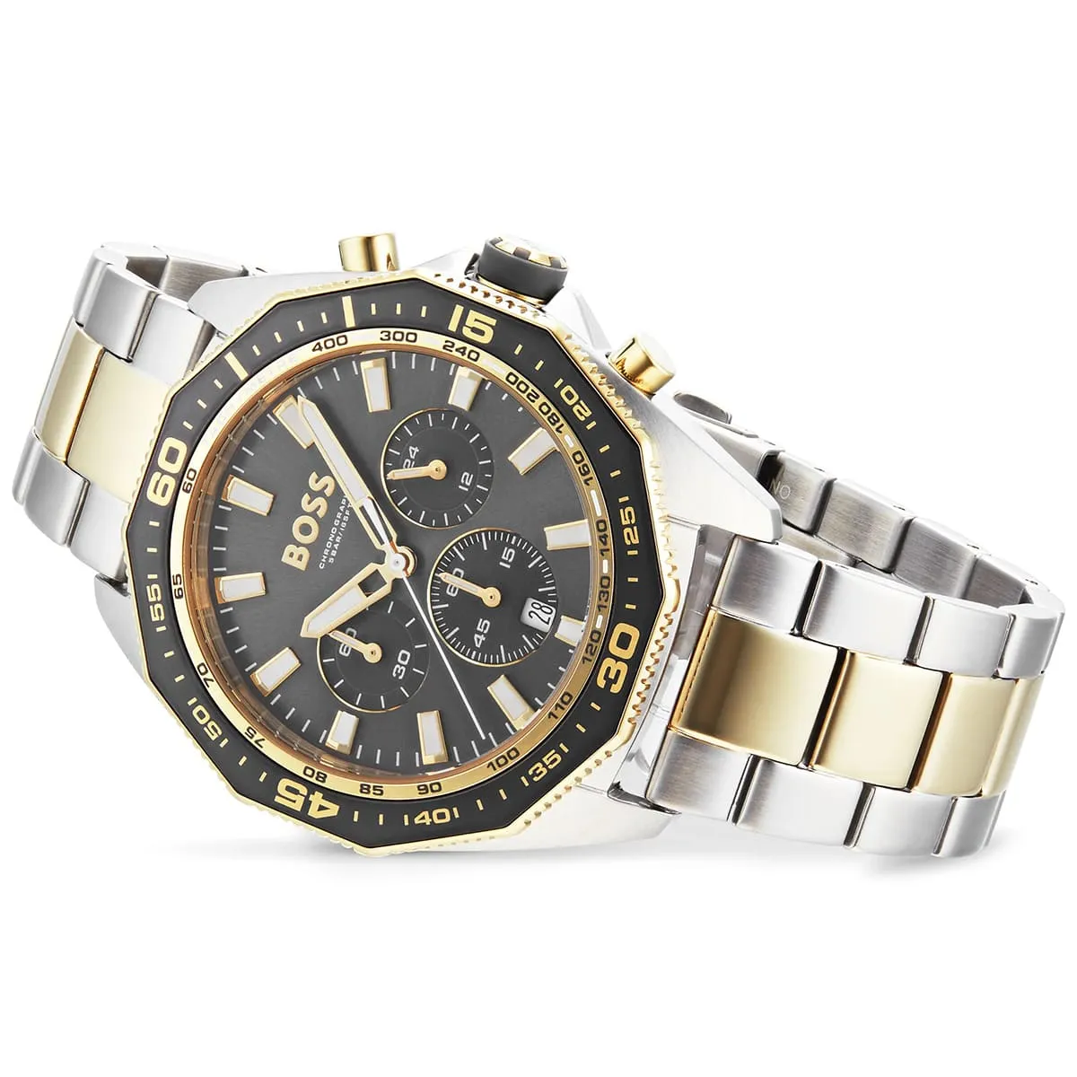 1513974-hugo-boss-watch-chronograph-5bar-165ft-men-gray-dial-metal-stainless-silver-gold-strap-quartz-battery-analog-energy_9 Montre Hugo Boss Homme 1513974 – Élégance Bicolore