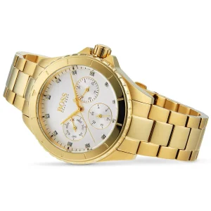 1502445 hugo boss watch women silver dial metal stainless gold strap quartz battery analog three hand premiere 4