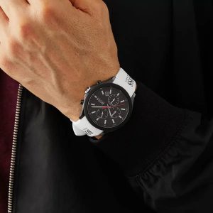 1513718 hugo boss watch men black dial rubber white strap quartz battery analog chronograph velocity 9