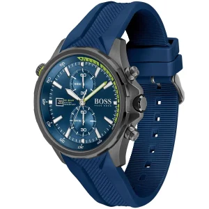 1513821 hugo boss watch men blue dial rubber strap quartz battery analog chronograph 10bar water resistant globetrotter 3