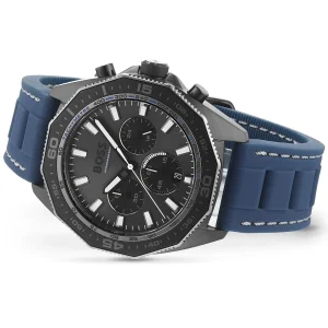 1513972 hugo boss watch chronograph 5bar 165ft men gray dial rubber blue strap quartz battery analog energy 10