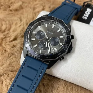 1513972 hugo boss watch chronograph 5bar 165ft men gray dial rubber blue strap quartz battery analog energy 11