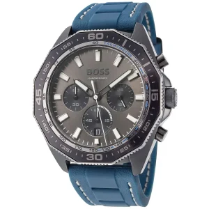 1513972 hugo boss watch chronograph 5bar 165ft men gray dial rubber blue strap quartz battery analog energy 2
