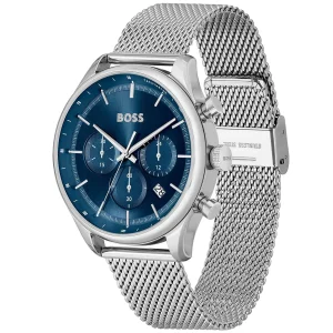 1514052 hugo boss watch men blue dial metal stainless silver mesh strap quartz battery analog chronograph gregor 2