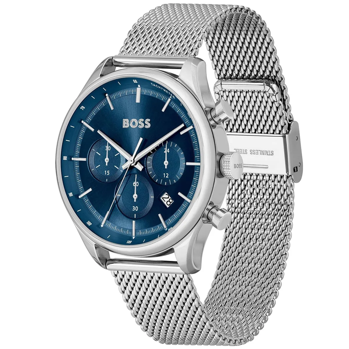 1514052 hugo boss watch men blue dial metal stainless silver mesh strap quartz battery analog chronograph gregor 2 1514052 hugo boss watch men blue dial metal stainless silver mesh strap quartz battery analog chronograph gregor 2