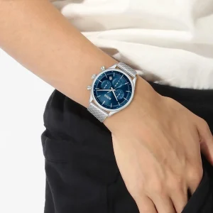 1514052 hugo boss watch men blue dial metal stainless silver mesh strap quartz battery analog chronograph gregor 5