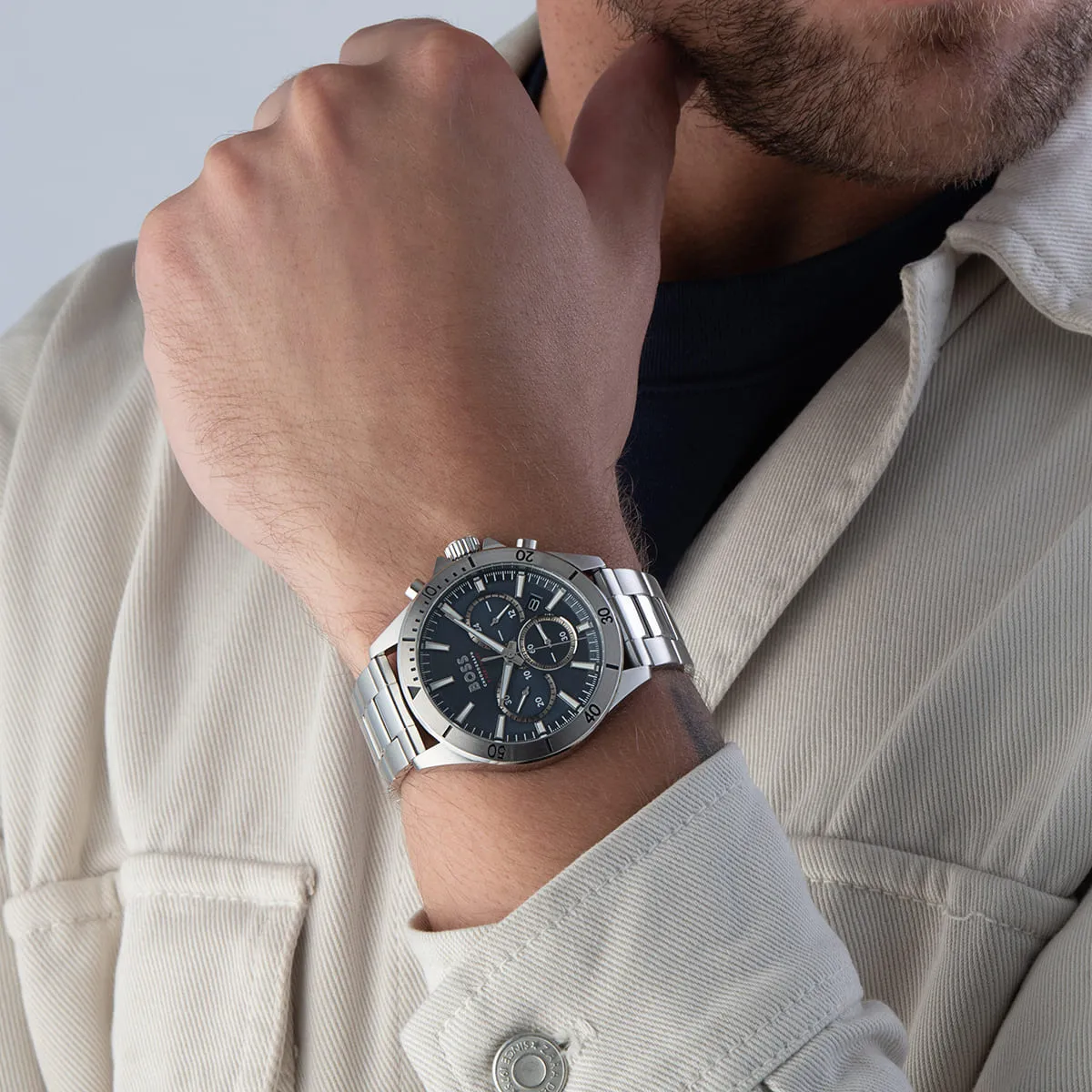 1514069 hugo boss watch men blue dial metal stainless silver strap quartz battery analog chronograph troper 11 1514069 hugo boss watch men blue dial metal stainless silver strap quartz battery analog chronograph troper 11