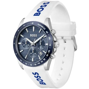 1514238 hugo boss watch men blue dial rubber white strap quartz battery analog chronograph strike 2
