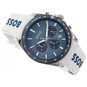 1514238 hugo boss watch men blue dial rubber white strap quartz battery analog chronograph strike 4