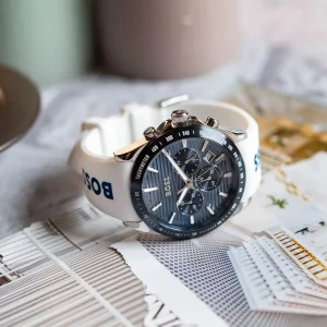 1514238 hugo boss watch men blue dial rubber white strap quartz battery analog chronograph strike 5