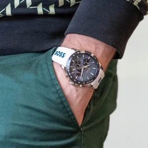1514238 hugo boss watch men blue dial rubber white strap quartz battery analog chronograph strike 6