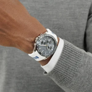 1514238 hugo boss watch men blue dial rubber white strap quartz battery analog chronograph strike 7