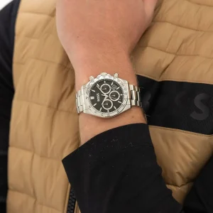1514267 hugo boss watch men black dial stainless steel metal silver strap quartz battery analog chronograph hero 7