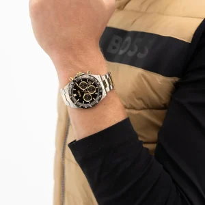 1514269 hugo boss watch men two tone black dial stainless steel metal silver gold strap quartz battery analog chronograph hero 7