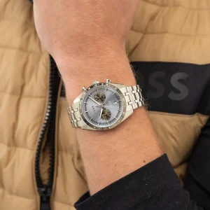 1514286 hugo boss watch dual time wr 5bar men blue dial stainless steel metal silver strap quartz battery analog three hand tourmaster 4