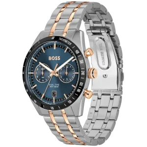 1514288 hugo boss watch dual time wr 5bar men blue dial stainless steel metal silver rose gold strap quartz battery analog three hand tourmaster 2