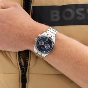 1514288 hugo boss watch dual time wr 5bar men blue dial stainless steel metal silver rose gold strap quartz battery analog three hand tourmaster 4