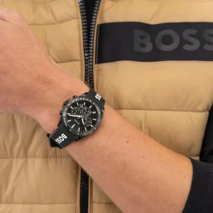 1514289 hugo boss watch men black dial rubber strap quartz battery analog chronograph strike 4