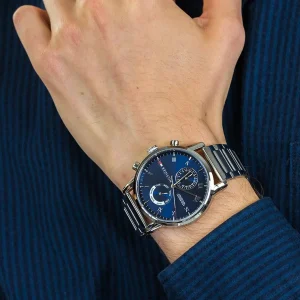 1710401 tommy hilfiger watch men blue dial stainless steel metal silver strap quartz battery analog monthly weekly date kane 13