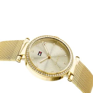 1781864 tommy hilfiger watch women crystals gold dial mesh metal stainless steel golden strap quartz battery analog three hand lynn 4
