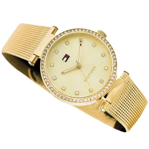 1781864 tommy hilfiger watch women crystals gold dial mesh metal stainless steel golden strap quartz battery analog three hand lynn 5