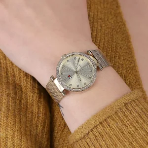 1781864 tommy hilfiger watch women crystals gold dial mesh metal stainless steel golden strap quartz battery analog three hand lynn 6