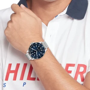 1792012 tommy hilfiger watch men blue dial metal stainless steel silver strap quartz battery analog three hand logan 10