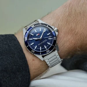 1792012 tommy hilfiger watch men blue dial metal stainless steel silver strap quartz battery analog three hand logan 5
