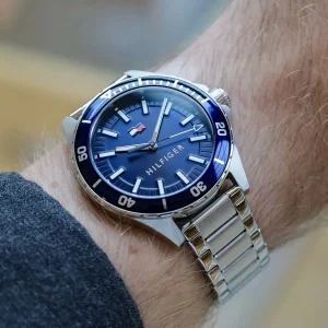 1792012 tommy hilfiger watch men blue dial metal stainless steel silver strap quartz battery analog three hand logan 8