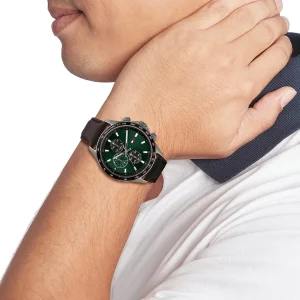 1792017 tommy hilfiger watch dual time men green dial leather brown strap quartz battery analog miles 10