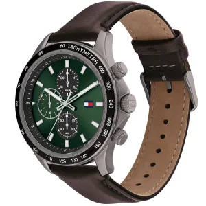 1792017 tommy hilfiger watch dual time men green dial leather brown strap quartz battery analog miles 2