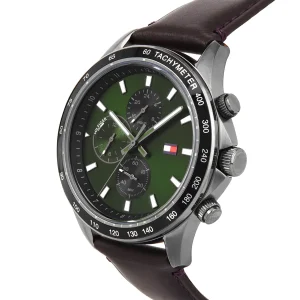 1792017 tommy hilfiger watch dual time men green dial leather brown strap quartz battery analog miles 4