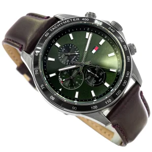 1792017 tommy hilfiger watch dual time men green dial leather brown strap quartz battery analog miles 5