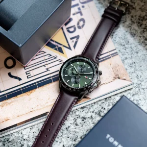 1792017 tommy hilfiger watch dual time men green dial leather brown strap quartz battery analog miles 6