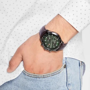 1792017 tommy hilfiger watch dual time men green dial leather brown strap quartz battery analog miles 7