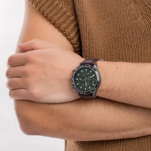 1792017 tommy hilfiger watch dual time men green dial leather brown strap quartz battery analog miles 8