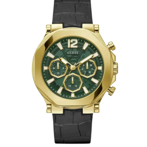 Montre Guess Edge GW0492G3 pour homme cadran vert bracelet cuir noir boîtier doré