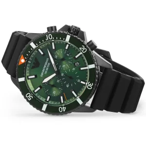 ar11463 emporio armani watch 100 meters men green dial rubber black strap quartz battery analog chronograph 14