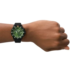ar11463 emporio armani watch 100 meters men green dial rubber black strap quartz battery analog chronograph 17