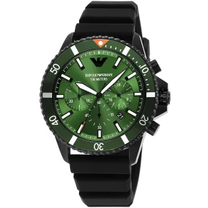 ar11463 emporio armani watch 100 meters men green dial rubber black strap quartz battery analog chronograph 2