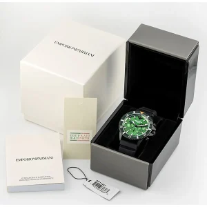 ar11463 emporio armani watch 100 meters men green dial rubber black strap quartz battery analog chronograph 21