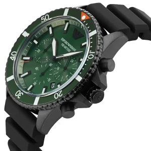 ar11463 emporio armani watch 100 meters men green dial rubber black strap quartz battery analog chronograph 9