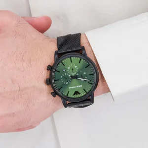 ar11470 emporio armani watch men green dial mesh stainless steel metal black strap quartz battery analog chronograph luigi 14