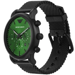 ar11470 emporio armani watch men green dial mesh stainless steel metal black strap quartz battery analog chronograph luigi 4