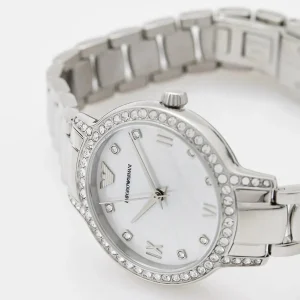 ar11484 emporio armani watch women crystals mother of pearl white dial stainless steel metal silver strap quartz battery analog cleo 10